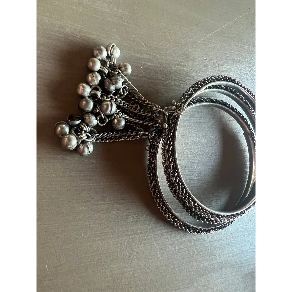 Bangle Bracelet Set 3pc Silver Tone Jingle Bell Charms Boho Ethnic Festival